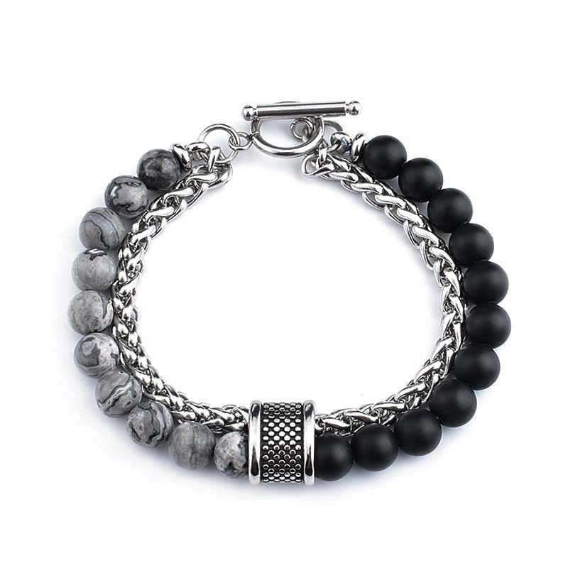 Wholesale Stainless Steel Double Layer Frosted Stone Men's Bracelet